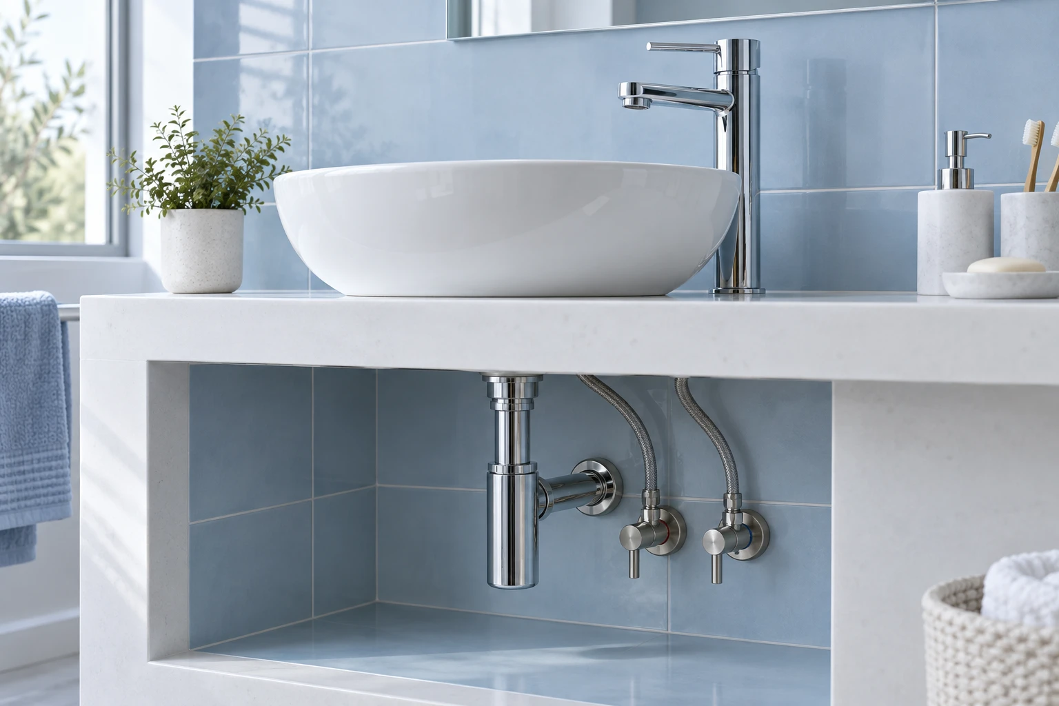 Lavabo e collegamenti idrici in un bagno illustrativo bianco e azzurro.