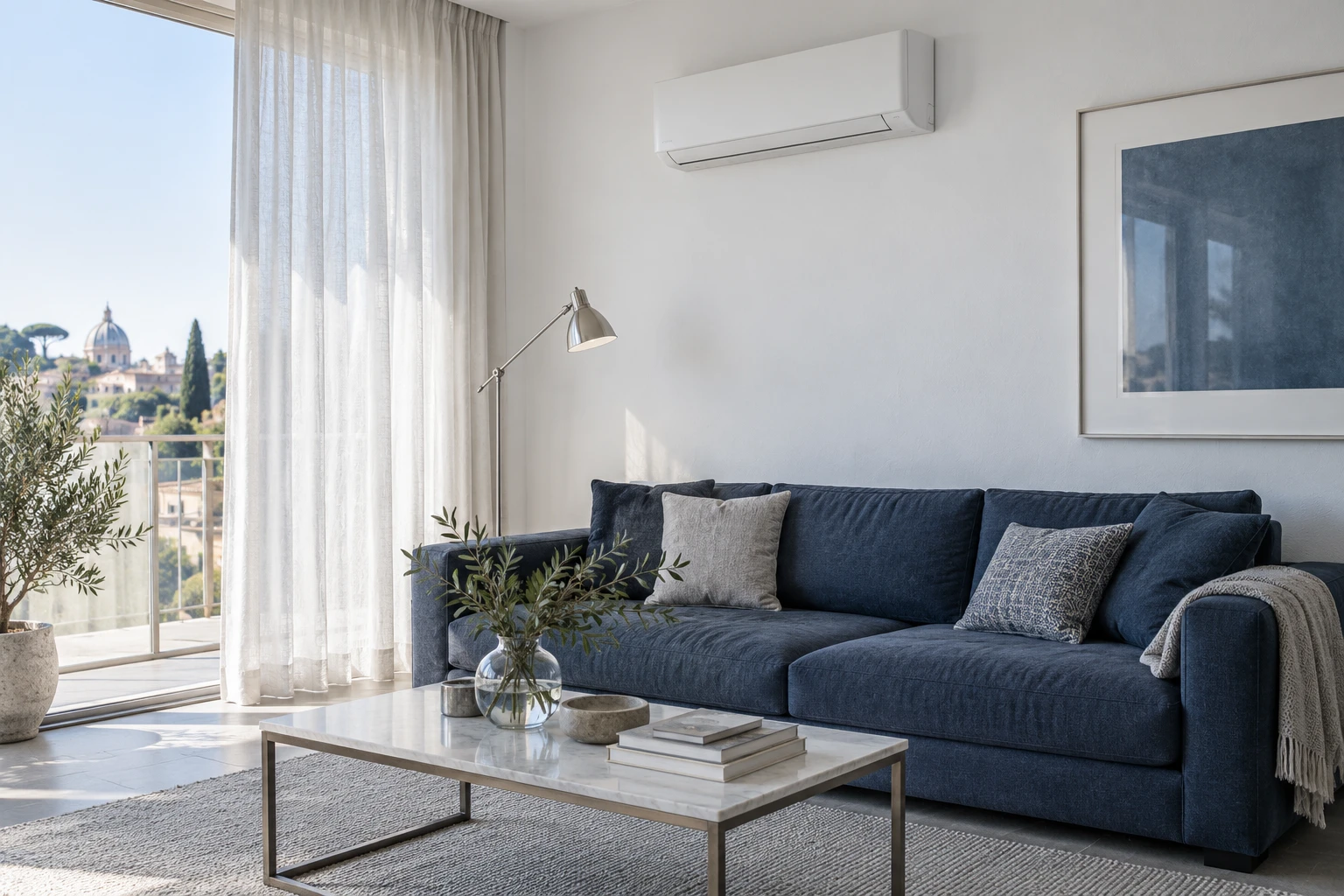Climatizzatore generico in un soggiorno illustrativo bianco e blu.